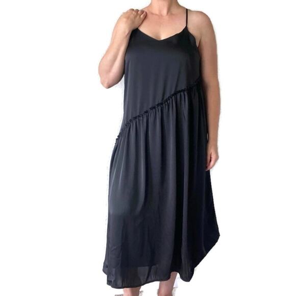 Chelsea 28 Black Asymmetrical Ruffle Midi Dress Size Large - Picture 1 of 5